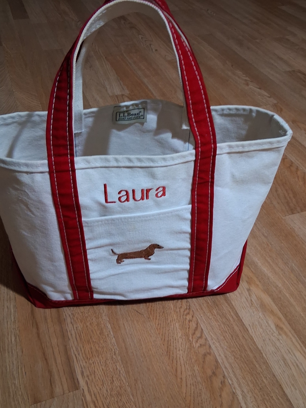 L.L. Bean Personalized Canvas Tote Bag - White with Red Trim